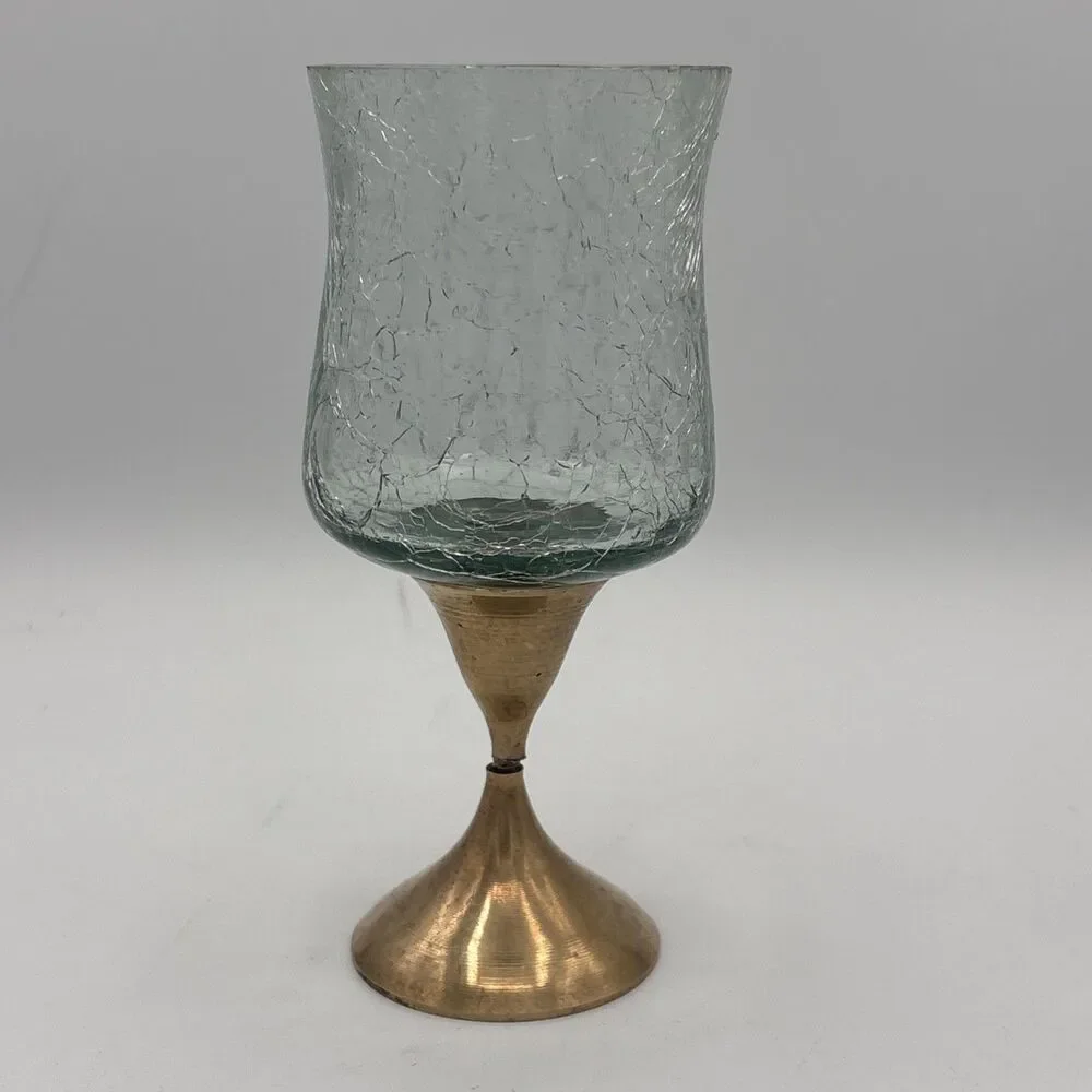 Vintage Brass Tea light/Votive Candle Holder Stand w Crackle Glass Globe